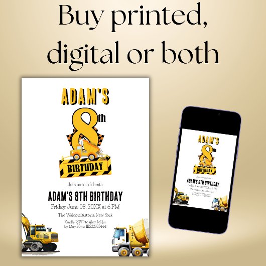 建築ダンプトラック8番目の誕生日パーティー 招待状