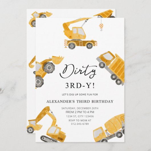 建築ダーティ3rd-yダンプトラック3rd誕生日 招待状 (正面/裏面)
