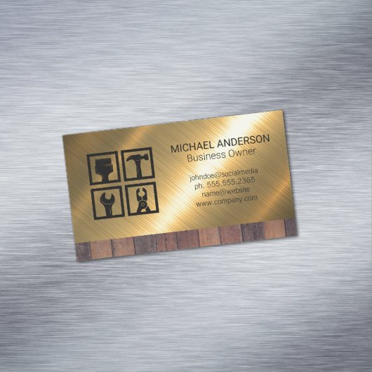 建築ツールアイコン |木材メタル背景 マグネット名刺 (インサイチュ)