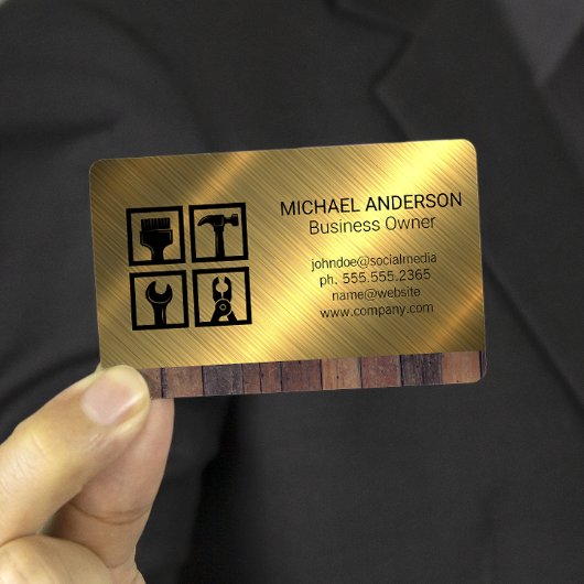 建築ツールアイコン |木材メタル背景 名刺