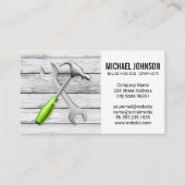 建築ツールハンマーレンチ |木材の背景 名刺 (正面)