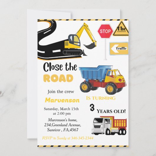 建築テーマ男の子の誕生日パーティダンプトラック 招待状 (正面)