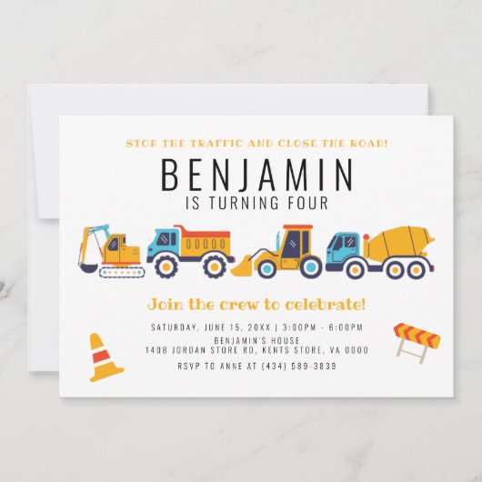 建築テーマ誕生日ダンプトラックパーティー 招待状 (正面)