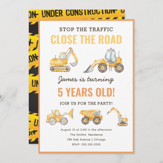 建築テーマ誕生日ダンプトラックパーティー 招待状 (正面/裏面)