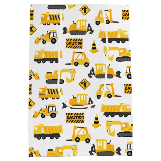 建築トラックとシンボルや象徴パターン白 ミディアムペーパーバッグ (裏面)