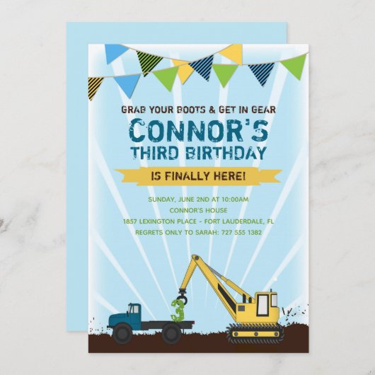 建築トラックとトラクタの誕生パーティー 招待状 (正面/裏面)