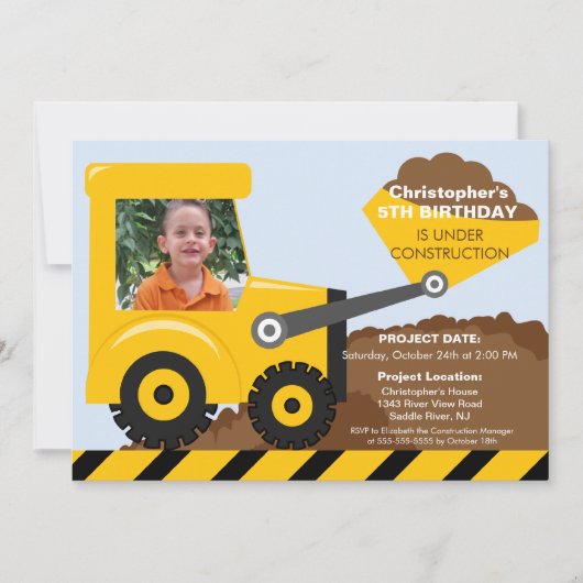 建築トラックの男の子向けフォトバースデーパーティー 招待状 (正面)
