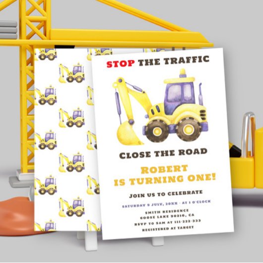 建築トラックショベルバースデーパーティー 招待状