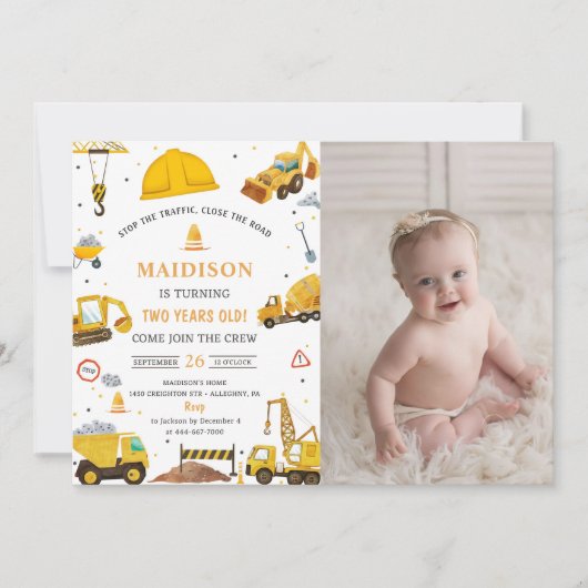 建築トラックテーマ誕生日パーティーフォト 招待状 (正面)