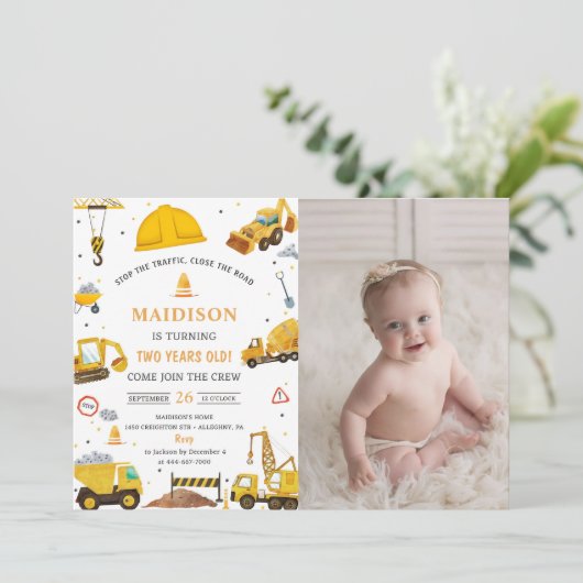 建築トラックテーマ誕生日パーティーフォト 招待状 (スタンド正面)