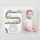 建築トラックテーマ誕生日パーティーフォト 招待状 (正面)