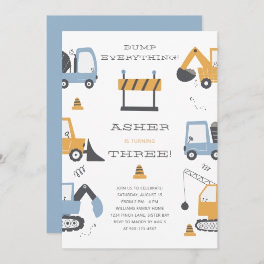 建築トラックテーマ誕生日パーティー 招待状 (正面/裏面)