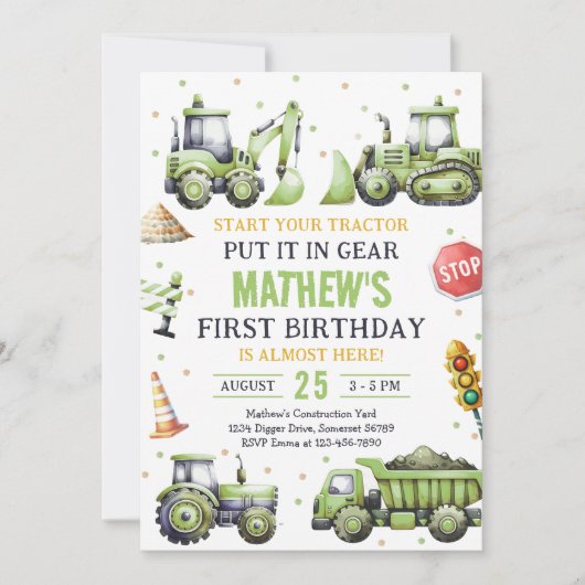 建築トラックディガーファースト誕生日 招待状 (正面)