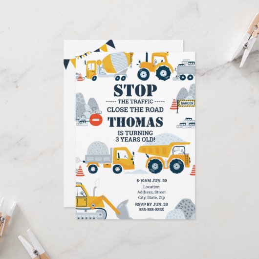 建築トラックトドラー誕生日招待状 招待状 (正面/裏面インサイチュ)