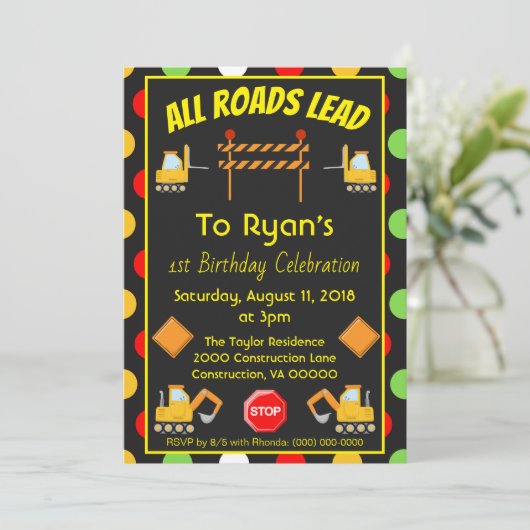 建築トラックバースデーパーティー水玉模様おもしろい 招待状 (スタンド正面)