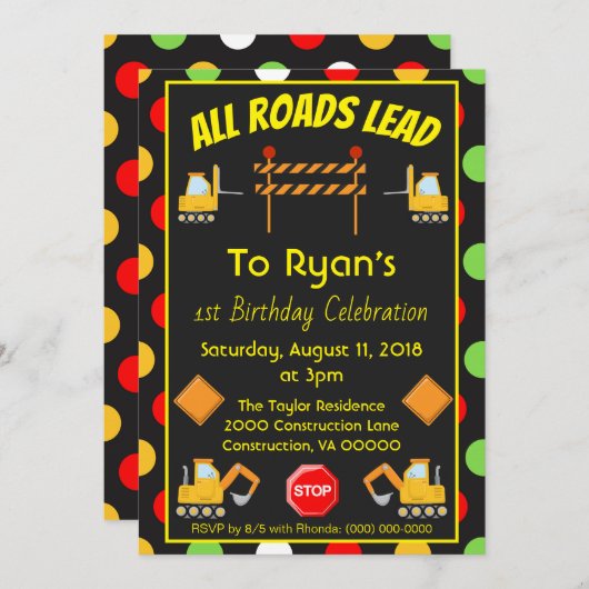 建築トラックバースデーパーティー水玉模様おもしろい 招待状 (正面/裏面)