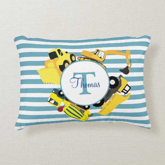 建築トラックブルーストライプトレンズモノグラム アクセントクッション (正面)