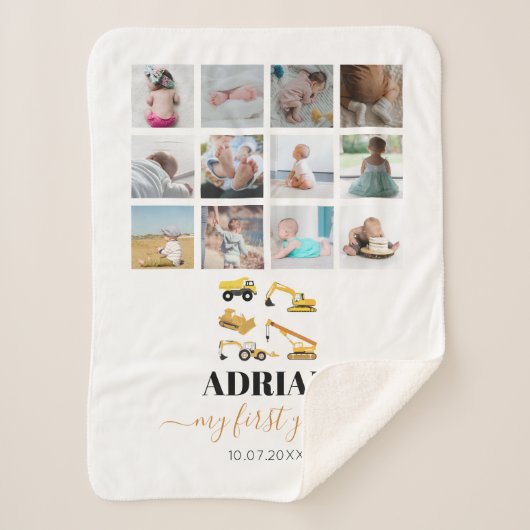 建築トラックベビー1年目の写真コラージュ シェルパブランケット (正面)