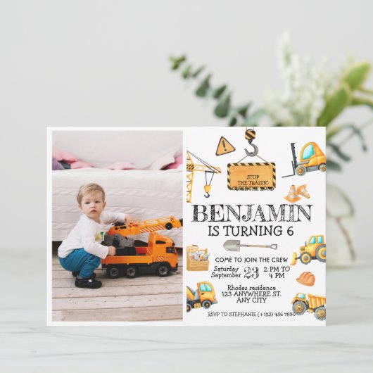建築トラック子供の誕生日パーティー写真 招待状 (スタンド正面)