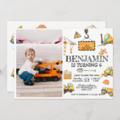 建築トラック子供の誕生日パーティー写真 招待状 (正面/裏面)