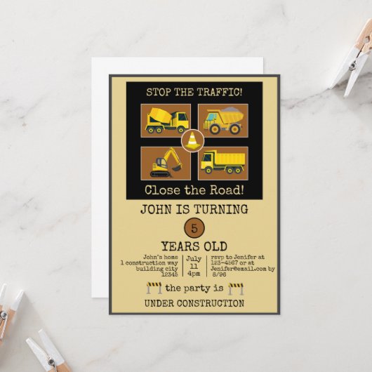 建築トラック子供の誕生日パーティー装飾 招待状 (正面/裏面インサイチュ)
