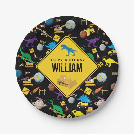 建築トラック恐竜の宇宙誕生日 ペーパープレート (正面)