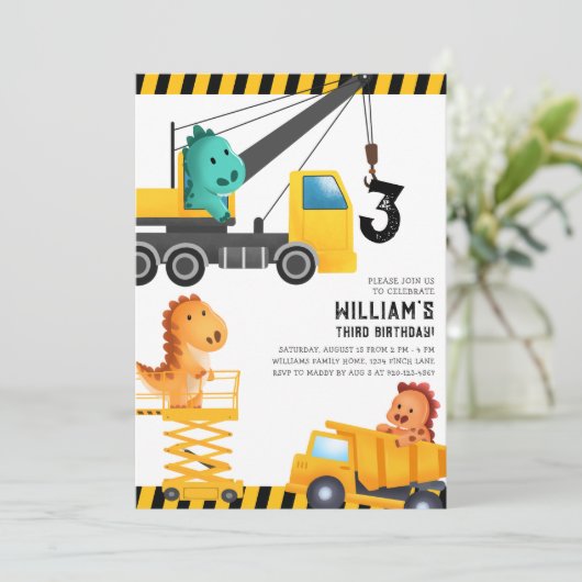 建築トラック恐竜の誕生日パーティー 招待状 (スタンド正面)