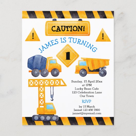 建築トラック男の子の誕生日の予算の招待 (正面)
