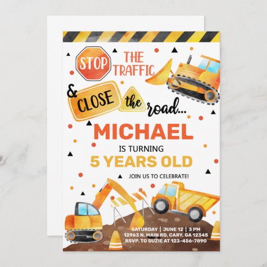 建築トラック男の子の誕生日招待状。 招待状 (正面/裏面)