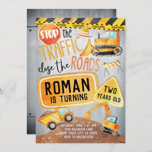 建築トラック誕生日パーティーの招待 (正面/裏面)