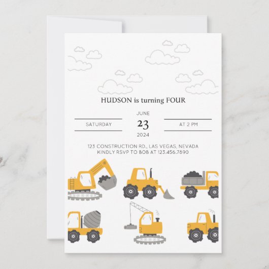 建築トラック誕生日パーティーの招待 招待状 (正面)
