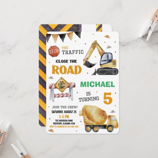 建築トラック誕生日パーティーの招待 招待状 (正面/裏面インサイチュ)
