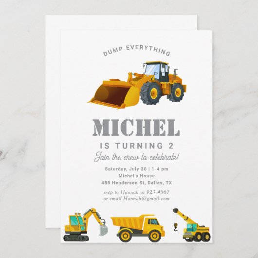 建築トラック誕生日パーティーデコレーション 招待状 (正面/裏面)