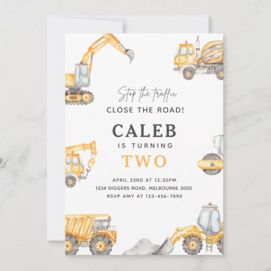 建築トラック誕生日パーティー任意の年齢 招待状 (正面)