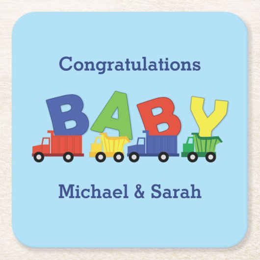 建築トラック赤ちゃんシャワー スクエアペーパーコースター (正面)