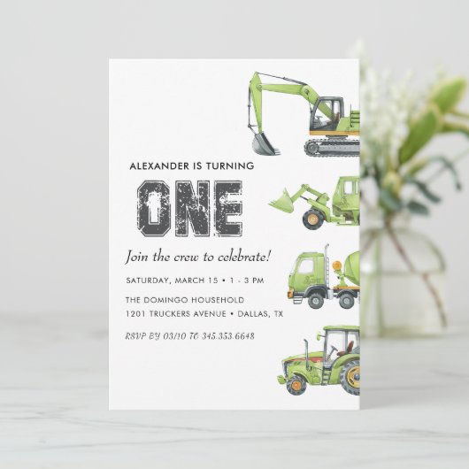建築トラック車ボーイズ1歳の誕生日 招待状 (スタンド正面)