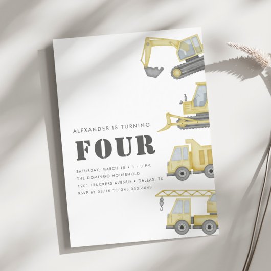 建築トラック車ボーイズ4歳の誕生日 招待状