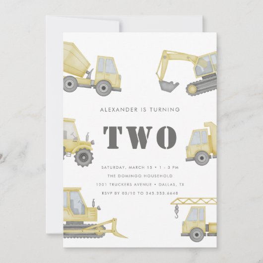 建築トラック車男の子2歳の誕生日 招待状 (正面)