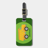 建築トラック車緑黄色のキッズ ラゲッジタグ (正面縦)