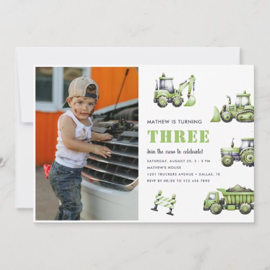 建築トラック車3rd誕生日の写真 招待状 (正面)
