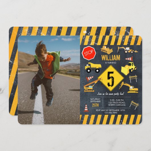 建築トラック重機械写真誕生日 招待状 (正面/裏面)