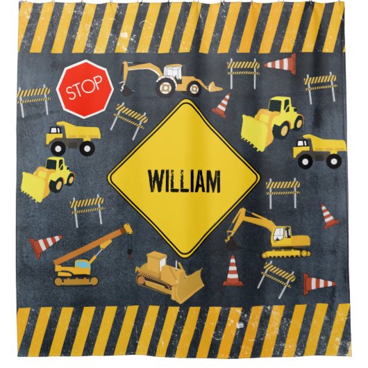 建築トラック重機械少年の名前 シャワーカーテン (正面)