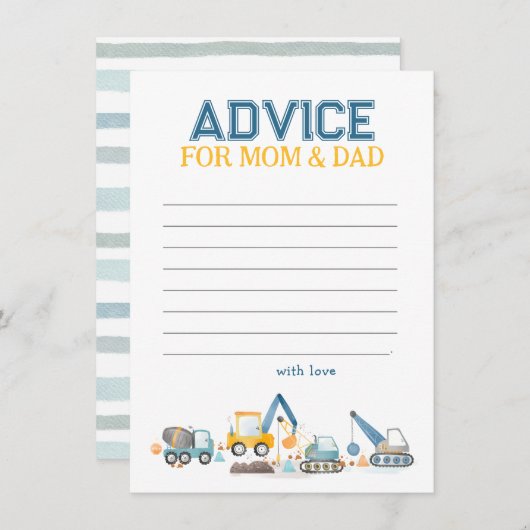 建築トラック、ママのための赤ちゃんシャワーアドバイス ノートカード (正面/裏面)