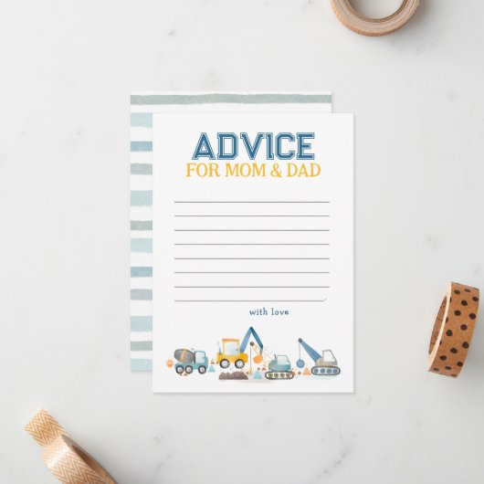 建築トラック、ママのための赤ちゃんシャワーアドバイス ノートカード (正面/裏面インサイチュ)