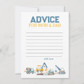 建築トラック、ママのための赤ちゃんシャワーアドバイス ノートカード (正面)