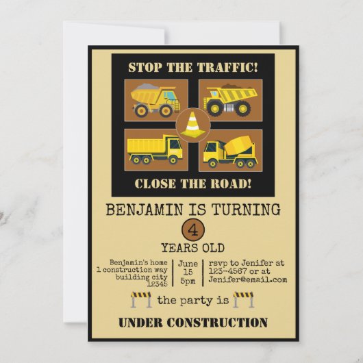 建築トラック |子供の誕生日パーティーデコール 招待状 (正面)