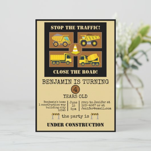 建築トラック |子供の誕生日パーティーデコール 招待状 (スタンド正面)