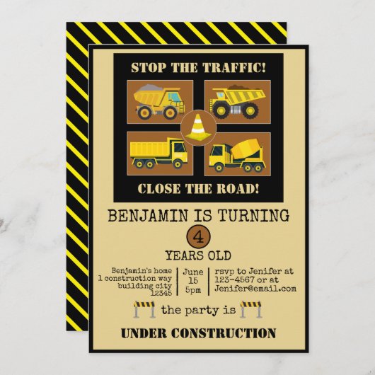 建築トラック |子供の誕生日パーティーデコール 招待状 (正面/裏面)