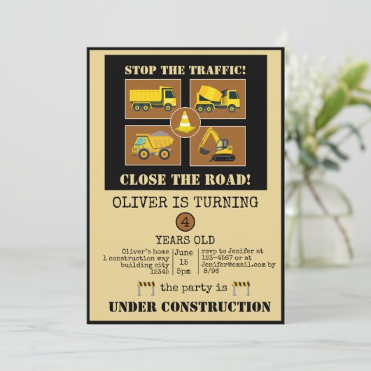 建築トラック |男の子をテーマにした誕生日パーティー 招待状 (スタンド正面)