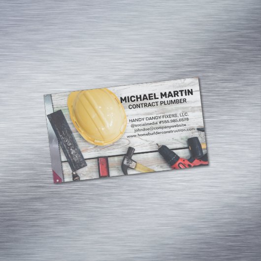 建築ハンドツールを木製テーブルに マグネット名刺 (インサイチュ)